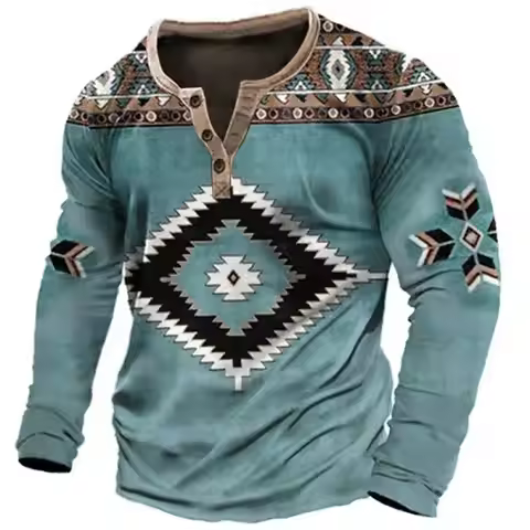 Ethnic Style 3D Print Henley Shirts Men's Fashion Streetwear Vintage Button-Down Long Sleeve T Shirt