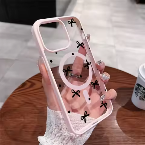 For iPhone 17 16 15 14 13 12 11 Pro Max Case Black Dots Bow Pattern Magnetic Clear Cover For iPone 1