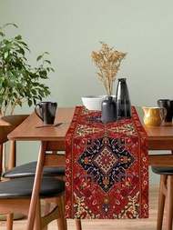 1個波西米亞風格桌旗,黑色和紅色幾何設計桌布,適用於家庭假期派對婚禮,72*13英寸