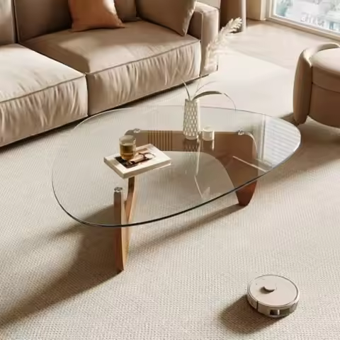 Modern Coffee Table 42.5 x 28.5 x 16.1 Triangle Tempered Glass Top for Living Room Natural Wood Colo
