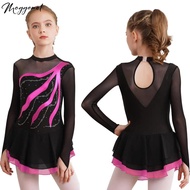 Kids Girls Figure Ice Skating Dress Tutu Dance Gymnastics Leotard Ballet Dress Long Sleeve Rhineston