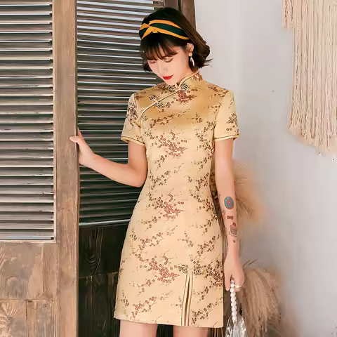 Female Qipao Mandarin Collar Short Cheongsam Vestidso Elegant Chinese Dress Gold Flower Novelty Sati