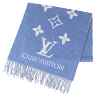 成色極佳 △LOUIS VUITTONM75704 雷克雅未克羊絨流蘇披肩圍巾，100% 羊絨，Monogram 圖案，藍色，英國製造，正品，女士款