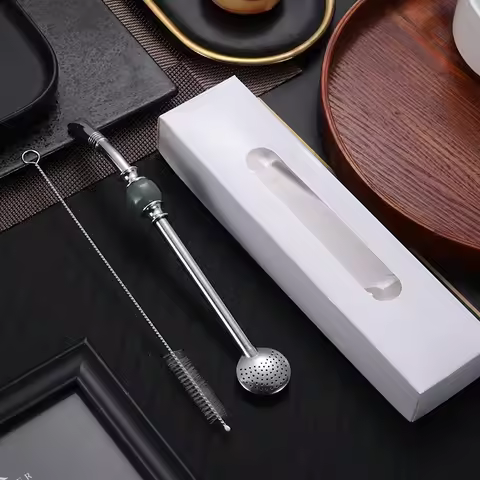 1pc Stainless Steel Straw Spoon Mate Tea Milk Coffee Color Mixing Spoon Straw Creative Filter Scoop 