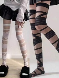 2對女式膝上黑色蝴蝶結可愛長筒襪和膝上薄款暗黑y2k哥特式白色絲質jk大腿襪
