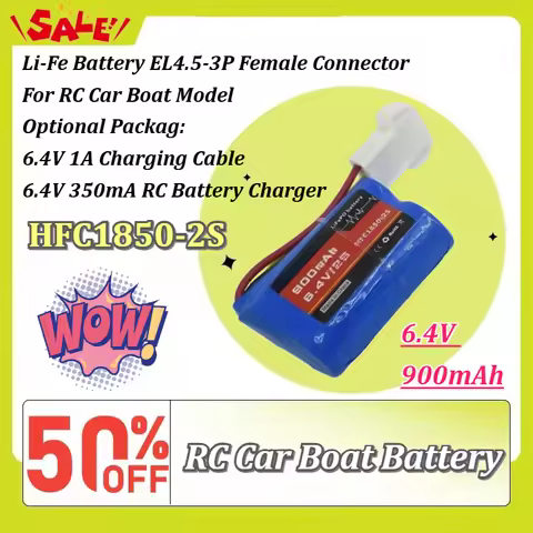 New HFC1850-2S 6.4V 900mAh Li-Fe Battery EL4.5-3P Female Connector for RC Car Boat Model Replacement