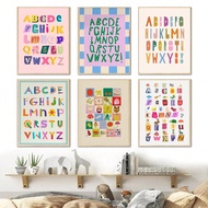 1ชิ้น ศิลปะติดผนังพยัญชนะหลายสี - แบบการเรียนรู้ ABC รื่นเริง พิมพ์ลายการ์ตูนและพื้นหลังพาสเทล (ตกแต