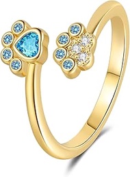 Cat Paw Print Adjustable Open Ring for Women Teens Tiny CZ Expandable Small Finger Knuckle Pinky Rin