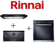 RINNAI RH-S329-PBR 90CM SLIMLINE HOOD WITH TOUCH CONTROL + RINNAI RB-3CGN 3 BURNER INNER FLAME GLASS GAS HOB + RINNAI RO-E6208TA-EM 70L BUILT-IN OVEN