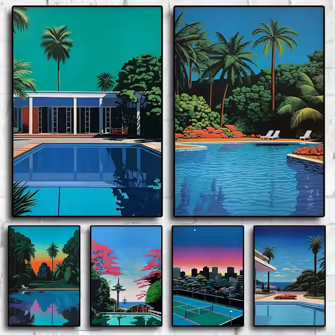 Hiroshi Nagai Japan Pool Palm Sunset Purple Posters Prints Vaporwave Wall Art Canvas Painting Nordic