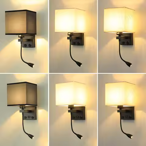 LED Fabric Lampshade E27 with Switch Wall Light USB Charging Port Adjustable Angle Spotlight Bedroom