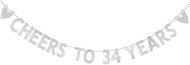 CHEERS TO 34 YEARS Banner,Pre-Strung,Silver Paper Glitter Party Decorations for 34th Birthday Party 