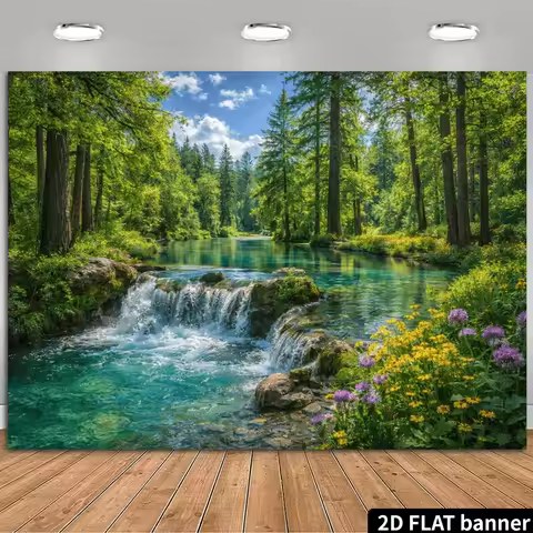2D Plane Forest Waterfall and Stream Theme Background Cloth - Sunlit Pine Forest and Clear Pool with