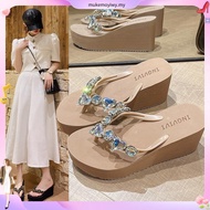 Plaid Shop * [KNM915T] Front 3.5cm Rear 7cm Wedge Flip-Flops Rhinestone Gem Decoration Round Head Th