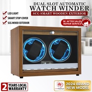 Dual Slot Automatic Watch Winder Wooden Exterior and LED Light Walnut Wood Watch Box Storage