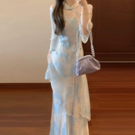 CHANGTONG | Sweet Floral Print Two-Piece Set Sister Style Off-Shoulder Midi Dress Gentle Summer Casu