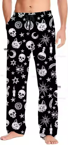 Mens Pajama Pants Lightweight Soft Lounge Pant with Pockets Sleep Gothic Moon Cat Skull Pants for Me