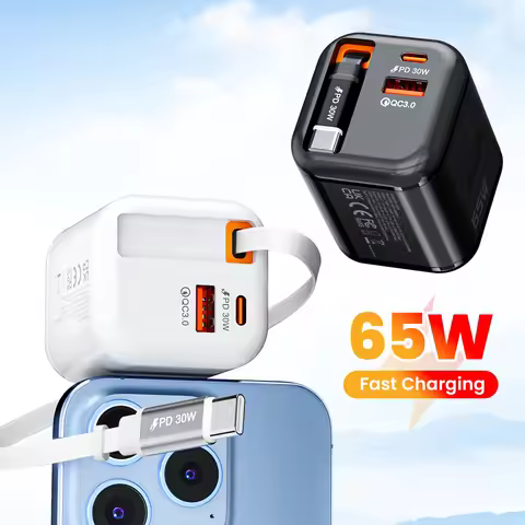 2Ports USB Charger QC3.0 PD30W Fast Charging Wall Charger With 25W Type-C Retractable Cable EU/UK/US
