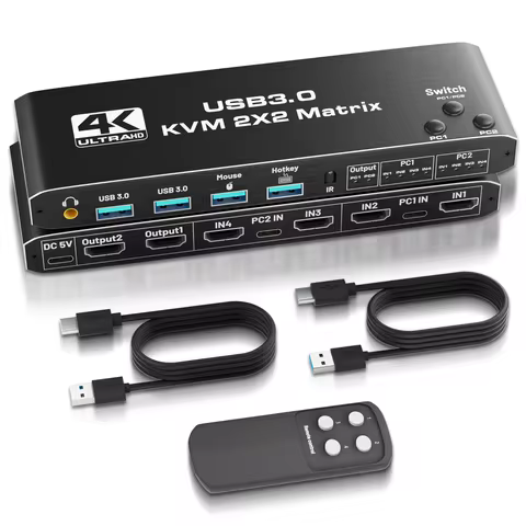 KVM-HDMI2.0b KVM USB3.0 2x2 matrix 4K/60HZ with hotkeys/expansion, powered, black.