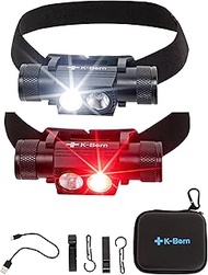 K-Bern PRO Red & White Rechargeable Headlamp. 1000 Lumen, UL Approved 3500 mAh Battery, Ultra Bright