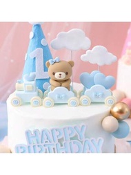 1套3入組小火車蛋糕裝飾,可愛的粉藍小熊火車軟橡膠娃娃裝飾,卡通兔子生日蛋糕甜點裝飾,假期派對裝飾