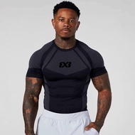 3X3 Gray Black Mesh Spliced Short Sleeve Compression Shirt Quick Dry Gym Basketball Workout Baselaye