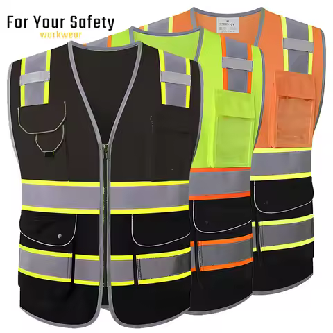 Black Workwear Vest with Front Pockets and Zipper Construction Uniforms Man