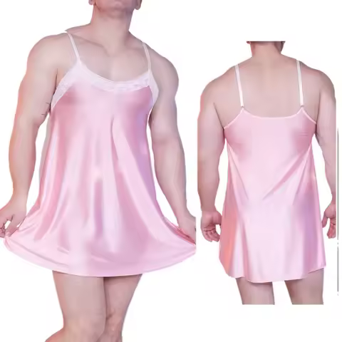 Men's Silky Nightdress Sissy Lingerie Dress Femboy Crossdressing Lace Trim Slip Nightgown Gift for B