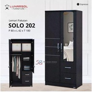 LEMARI PAKAIAN 2 PINTU KACA PANJANG + 2 LACI POLOS HITAM / LEMARI BAJU LUNARSOL
