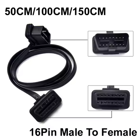 50/100/150CM Flat+Thin As Noodle 16 Pin Socket OBD OBDII OBD2 16Pin Extender Male To Female Car Scan