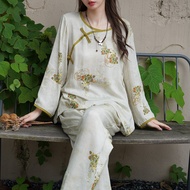 New Chinese Style Design Improved National Style Buckle Hanfu Cotton Cloth Long sleeve Pajamas Women Summer and Autumn Homewear Set