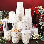 Zhehao 150 Sets 12 oz Snowflake Disposable Coffee Cups Christmas Insulated Ripple Wall Paper Cups with Lids and Straws Bulk, Winter Christmas Party Supplies for Coffee Cold Hot Chocolate Drink (Blue)