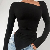Asymmetrical Hem Long Sleeve Solid Color T-Shirt Top, Minimalist Fashion For Casual Daily Wear Basic