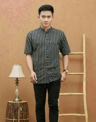bisa cod baju adat seni jawa Kemeja Batik HEM Lurik Jawa Hem Batik lengan pendek Pria Garis Coklat S