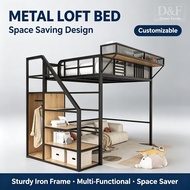 Metal Loft Bed Wardrobe Display rack 2-color Queen Iron Bed Frame Space Saving Katil Tinggi Besi 高架床