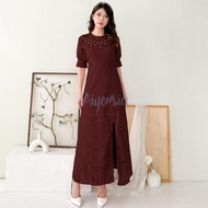 Minora Sabrina Dress Brokat Panjang Belah Samping Paha Lengan Pendek Size M L XL Dress Terbaru Bruka