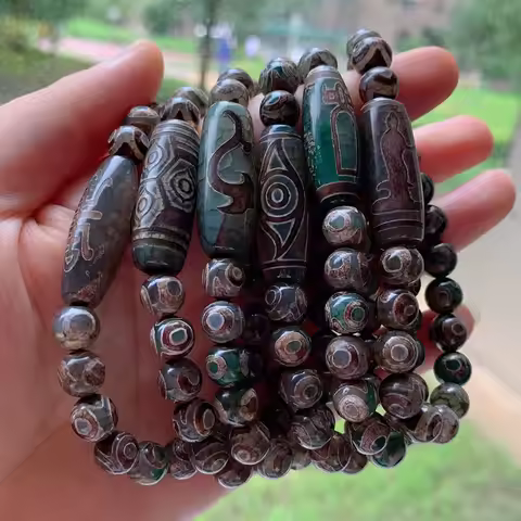 Healing Stone Natural Tibetan Dzi Agates Bracelet for Women Men Grey Green Agat Charm Ruyi Dragon Th