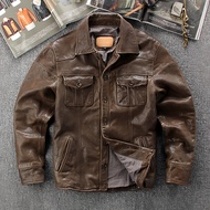 Sales Leather Jacket Ami Khaki Retro Distressed Genuine Leather Shirt Men Unpainted Full Vegetable T