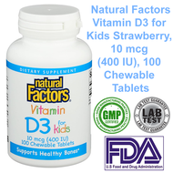 [EXP 04/2025] วิตามิน ดี3 (สำหรับเด็ก)(แบบเคี้ยว) Natural Factors Vitamin D3 Strawberry Flavor 10 mcg (400 IU) 100 Chewable Tablets แท้นำเข้าจากอเมริกา