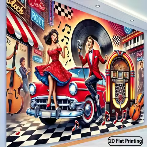 Rock n Roll 1950s Retro Diner Jukebox Classic Car Singer Dancer Music Notes Tapestry Wall Art for Ba