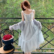 Real Shot Lace Mesh Fairy Air Long A-Line Suspender Skirt Summer New French Sunscreen Two-Piece Suit