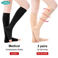 Cofoe 2คู่สีดำถุงเท้าความดันถุงเท้าการบีบอัดระดับ2ยืดหยุ่นเงน่องเส้นเลือดขอดถุงเท้า23-32 MmHg ความดันด้านล่างเข่าเปิดนิ้วเท้า Leggings ถุงน่องสำหรับผู้ชายผู้หญิงป้องกันเส้นเลือดขอดกำจัดอาการบวมน้ำ