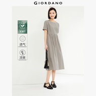 GIORDANO Women Dresses Classic Crewneck Gentle Dresses Rolled-Cuff Short Sleeve Simple Basic Fashion