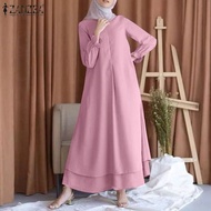 ZANZEA เสื้อผ้ามุสลิมสำหรับผู้หญิงชุดเดรสเป็นชั้นคอกลมผ้าระบายแขนยาวหรูหรา