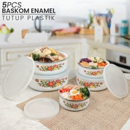 SET 5 pcs Baskom Mixing Bowl Enamel motif Bunga Cantik Tutup Tebal