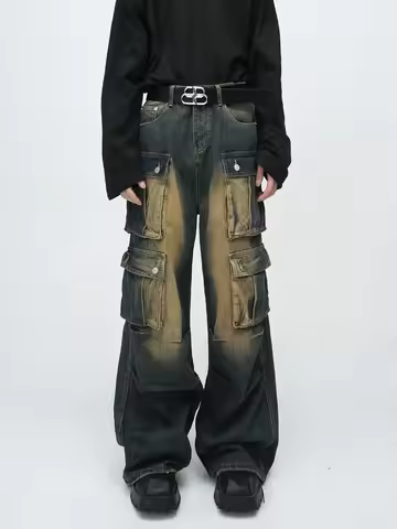 Men Vintage Distressed Cargo Jeans Boast Multiple Functional Pockets High Waist Loose Wideleg Silhou