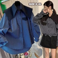 G&M#Blouse Cantik Baju Berjalur Selendang Berkolar Navy Perangai Bergaya Saiz Besar Atasan Longgar D