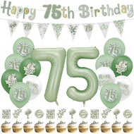 28Pcs Eucalyptus Leaves Birthday Party Balloon Set, Age 75 and Others,Number Balloon, Banner, Cake T