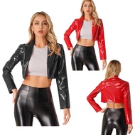 hz - #S-3XL Womens Fashion Lapel Patent Leather Jacket Wet Look Long Sleeve Cropped Coat for Party C