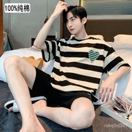 【Ensure quality】100%Men's Cotton Pajamas Summer Short-Sleeved Summer Wearable Striped plus Size Homewear Suit2023New